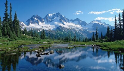 Majestic mountain range reflecting in a serene alpine lake. Lush green forest surrounds a tranquil alpine tarn, with snow-capped peaks in the backdrop