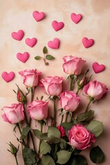Pink roses and hearts on a beige background