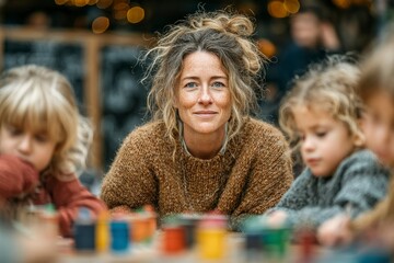 A warm and inviting moment with a woman and children engaged in creative play