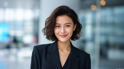 Beautiful Asian businesswoman in a tailored suit confidently posing in a modern office setting, natural light, clean background.