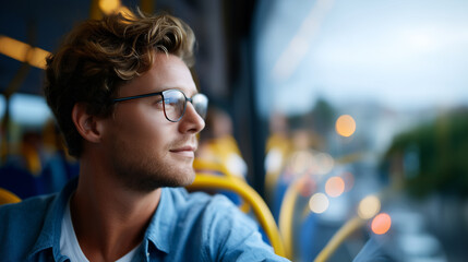 Man in casual clothing leaning toward the window on a crowded bus, blurred city view outside. everyday commute, man on bus, city travel photo, urban movement, candid public transpo