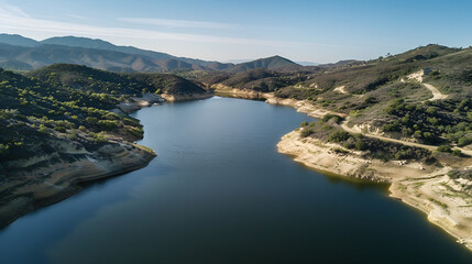 Fototapeta premium Aerial view of a calm lake surrounded by hills and mountains under a clear blue sky on a sunny day