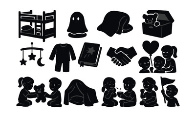 Children's bedtime silhouette icons set. sleepover and nighttime activity symbols