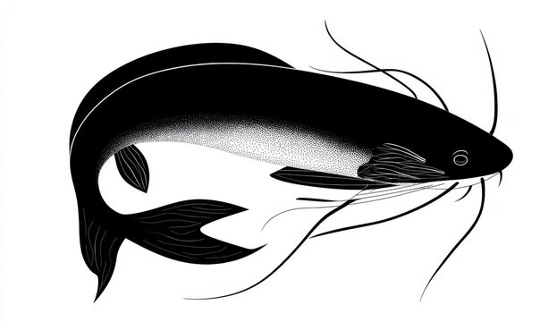 POISSON-CHAT NOIR ET BLANC, ILLUSTRATION MONOCHROME STYLIS&Eacute;E