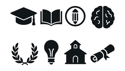 Education and learning silhouette icons set: school, knowledge, study symbols