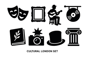 Cultural london silhouette icons set. art and history themed symbols