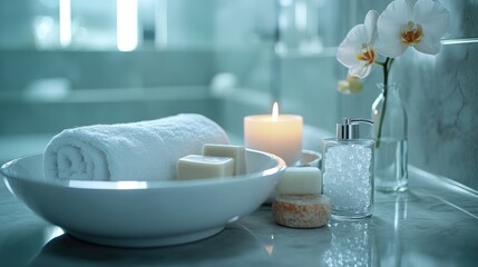 Spa-like bathroom setup.  Rolled towel, candles, soaps, and orchids
