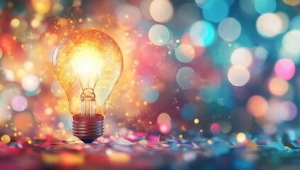 Glowing lightbulb amidst colorful confetti and bokeh
