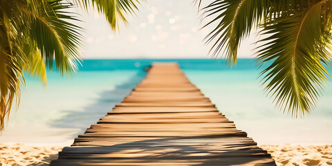 Obraz premium Vibrant Tropical Scene Featuring Pier, Palm Leaves, and Calm Sea