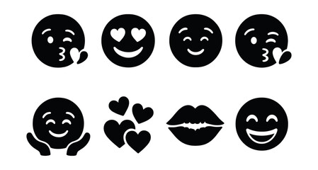 Emoticons silhouette icons set. smiley face and heart expressions collection