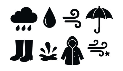 Rainy weather silhouette icons set. storm and precipitation symbol collection
