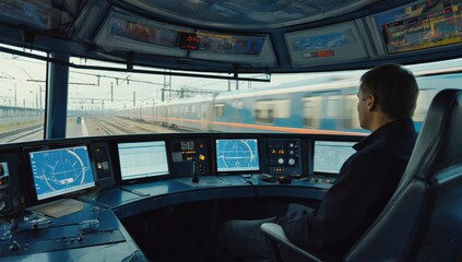 A train operator man navigates a high-tech control cabin, surrounded by digital displays, advanced instruments. The view outside shows a fast-moving train, modern railway transportation, efficiency.