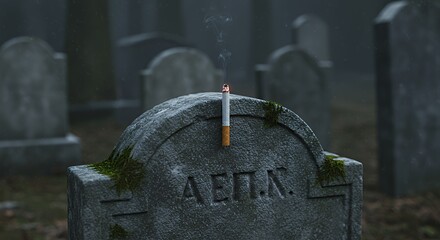 Smoking Cigarette on a Tombstone in a Cemetery Symbolic of Death