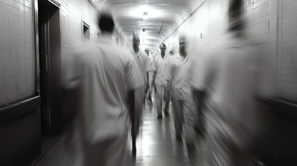 A blurred group walks down a tiled hallway, evoking mystery and institutional atmosphere.