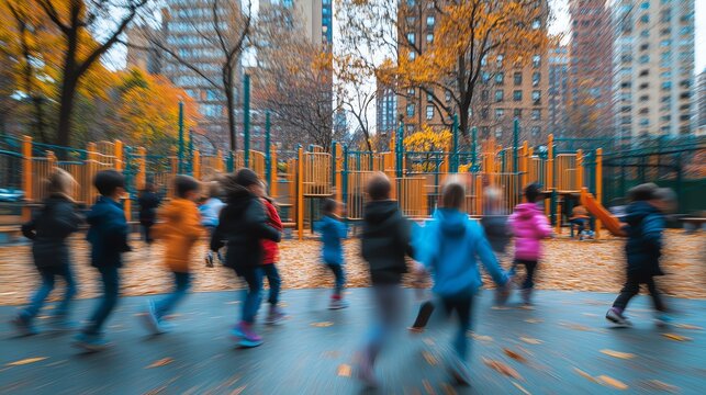 A group of children running and playing in a park on a fall day. The playground is surrounded by trees and buildings.