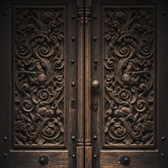 Symmetrical shot of an old wooden door with ornate carvings