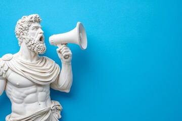 The image features a statue of a man with a megaphone in his mouth, positioned on a solid blue background, generated by ai