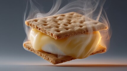 A tempting s'more with a perfectly toasted marshmallow oozing with melty chocolate between crackers.