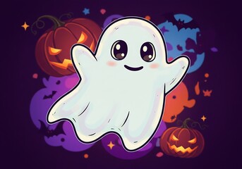 Adorable Cartoon Ghost Amidst Halloween Pumpkins and Bats