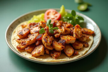 Fototapeta premium Tempting Chicken Fajitas: Elegant Fine Dining Photography with Rim Lighting