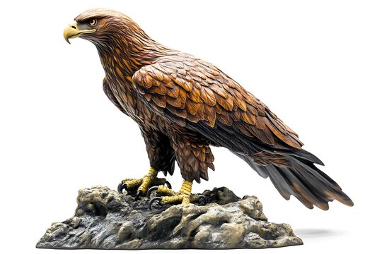 Bronze eagle statue perched on a rocky base with detailed feathers and sharp talons against white background