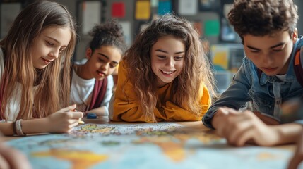 Fototapeta premium A group of children looking at a map on a table in a classroom, focused on learning.
