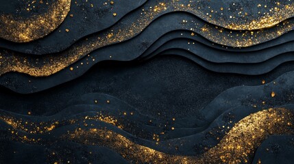 Dark, textured backdrop with gold glitter and layered waves.
