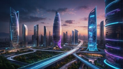 Fototapeta premium A stunning ultra-modern smart city with futuristic skyscrapers illuminated by neon blue and purple lights. Autonomous electric vehicles glide smoothly on elevated highways, while pedestrians interact