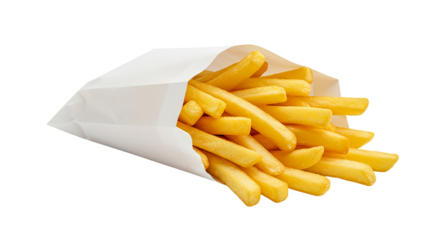 Indulging in classic comfort A paper bag overflowing with golden crispy french fries promising on transparent background