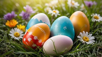 Fototapeta premium Colorful Easter eggs in fresh spring grass, delicate flowers blooming, soft sunlight casting a golden glow, high-resolution photography