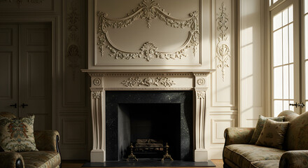 Intricate Carved Fireplace In An Elegant Room With Decorative Details