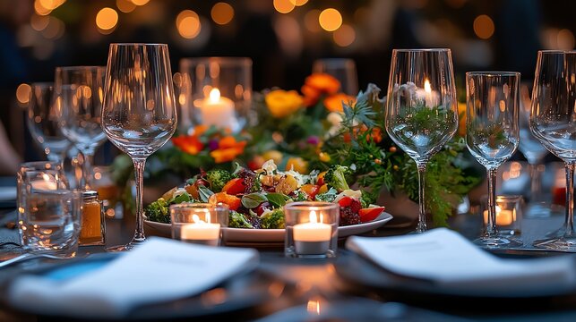 An elegant outdoor dinner setting with salads, wine glasses, and floral arrangements on a wooden table. Candles add a warm glow.