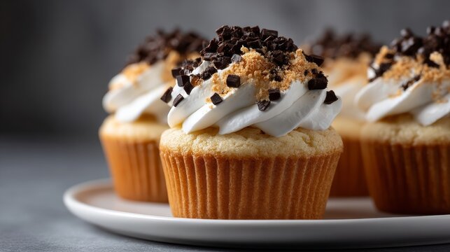 Delectable vanilla cupcakes topped with whipped cream and chocolate chips on a white plate. - Powered by Adobe
