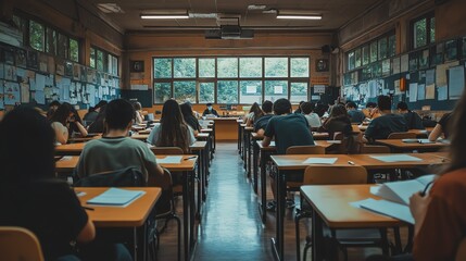 A classroom bathed in golden sunlight, students focused on their papers. Serene academic scene.
