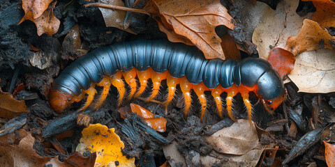 Centipede crawling through decomposing leaves in a compost heap during early spring