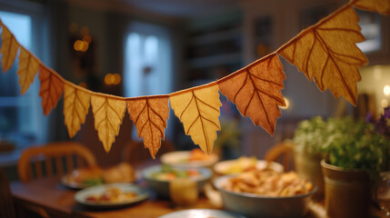 Fall-themed leaf banner decorating dining table with food  