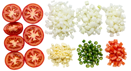 A colorful ensemble of freshly diced ingredients ready for a vibrant salsa creating an on transparent background