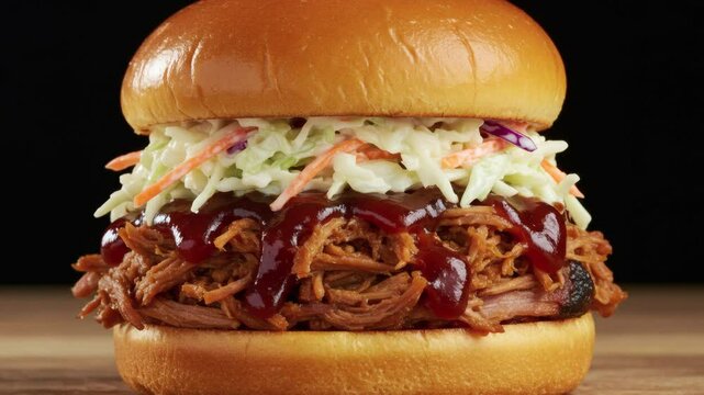 Pulled Pork Sandwich: A mouthwatering pulled pork sandwich with tangy barbecue sauce and crisp coleslaw, all nestled between a soft and fluffy bun.