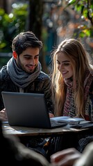 Young couple using laptop outdoors