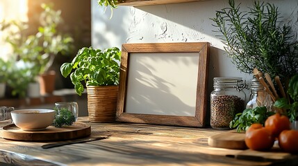 Sunlit kitchen counter with herbs, spices, and a blank frame. Rustic wooden surface