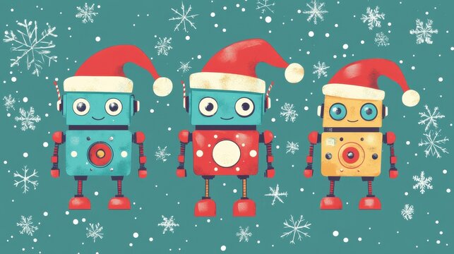 TROIS ROBOTS DE NO&Euml;L MIGNONS EN ILLUSTRATION VECTORIELLE