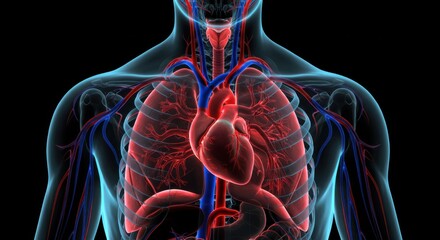 Detailed Anatomical Illustration of Human Heart and Circulatory System in the Chest