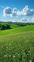 Rolling green hills, dotted with wildflowers, under a bright blue sky