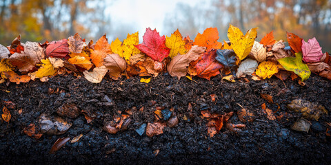Compost made with layers of vibrant autumn leaves in a natural setting