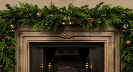 Fototapeta premium Elegant Fireplace Mantel Adorned With Festive Garland For A Holiday Ambiance