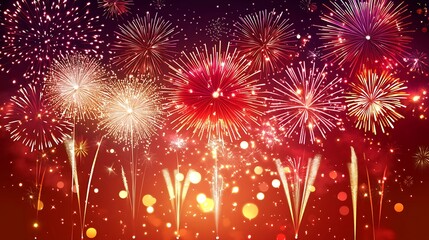 Festive fireworks display against a vibrant crimson night sky.