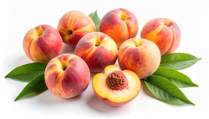 Fresh Peaches with Leaves Isolated on White Background