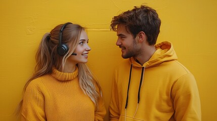 Young Couple Wearing Headphones, Facing Each Other