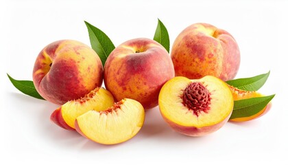 Fresh Peaches with Leaves Isolated on White Background