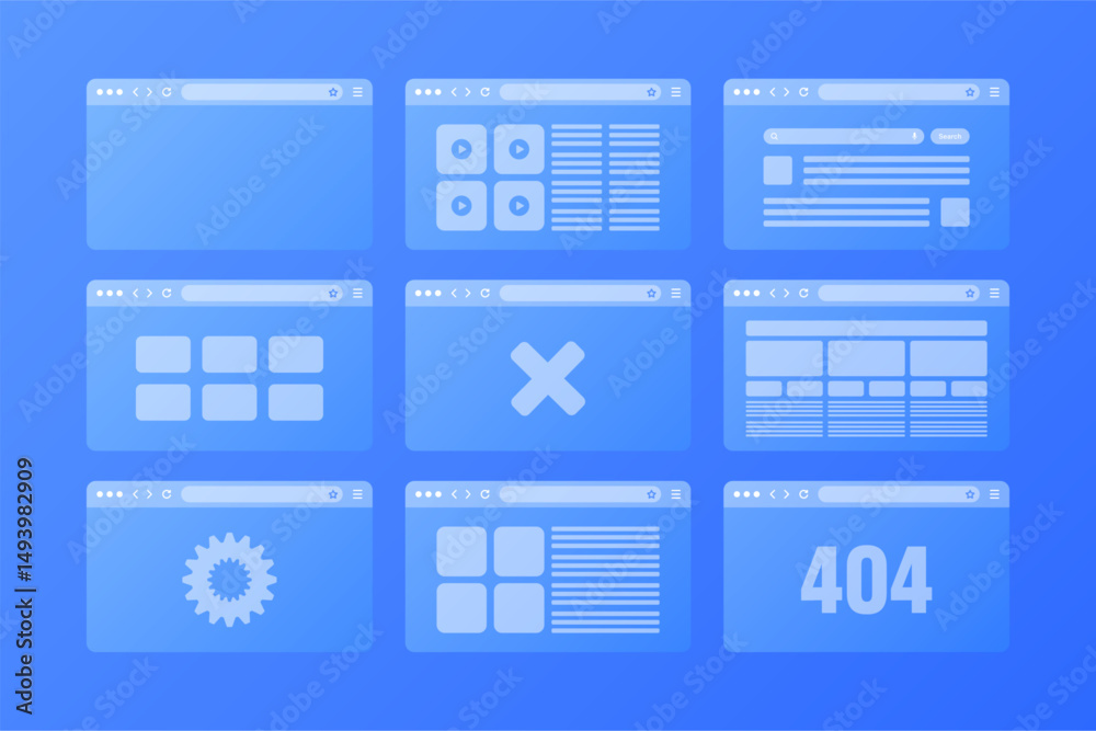 Fototapete Web browser window, transparent pages layout with toolbar and search field. Modern website, internet page. Browser mockup for computer, tablet and smartphone. Adaptive UI. Vector illustration